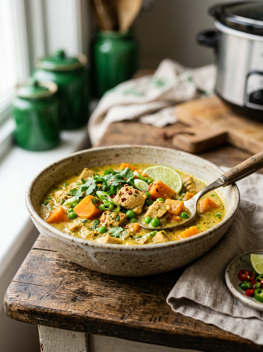 warm ceramic bowl of flavorful slow cooker chicken curry served with steamed brown rice and fresh cilantro