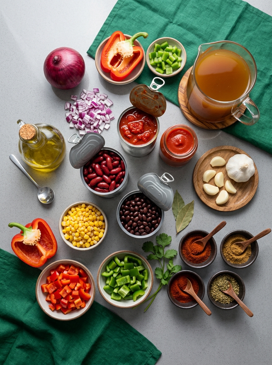 ingredients flat lay for vegetarian chili showing black beans, kidney beans, crushed tomatoes, bell peppers, sweet corn, yellow onion, garlic, chili powder, and cumin
