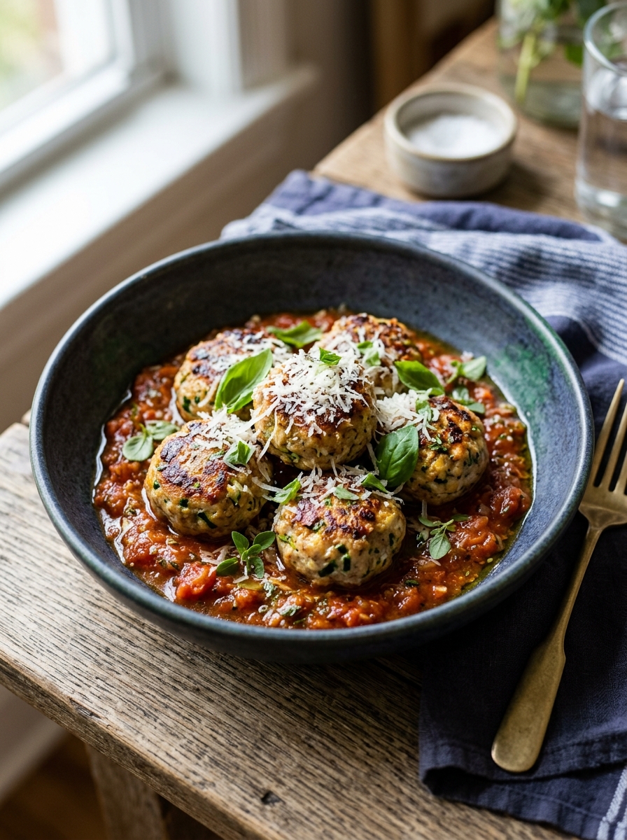delicious baked turkey zucchini meatballs simmered in rustic marinara sauce and served on a dinner plate - family dinner ideas