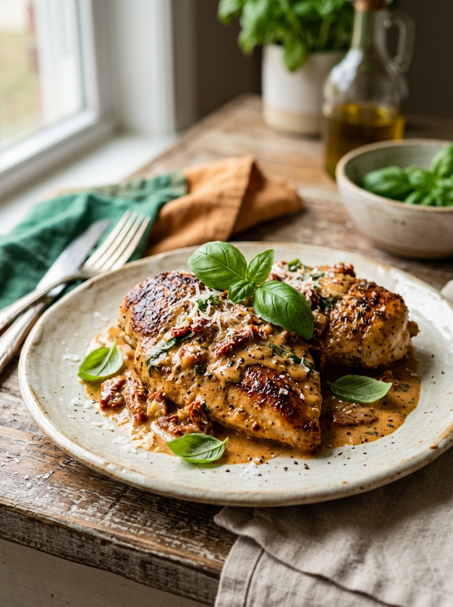 final plated serving of healthy Tuscan marry me chicken cutlets covered in rich sun-dried tomato sauce
