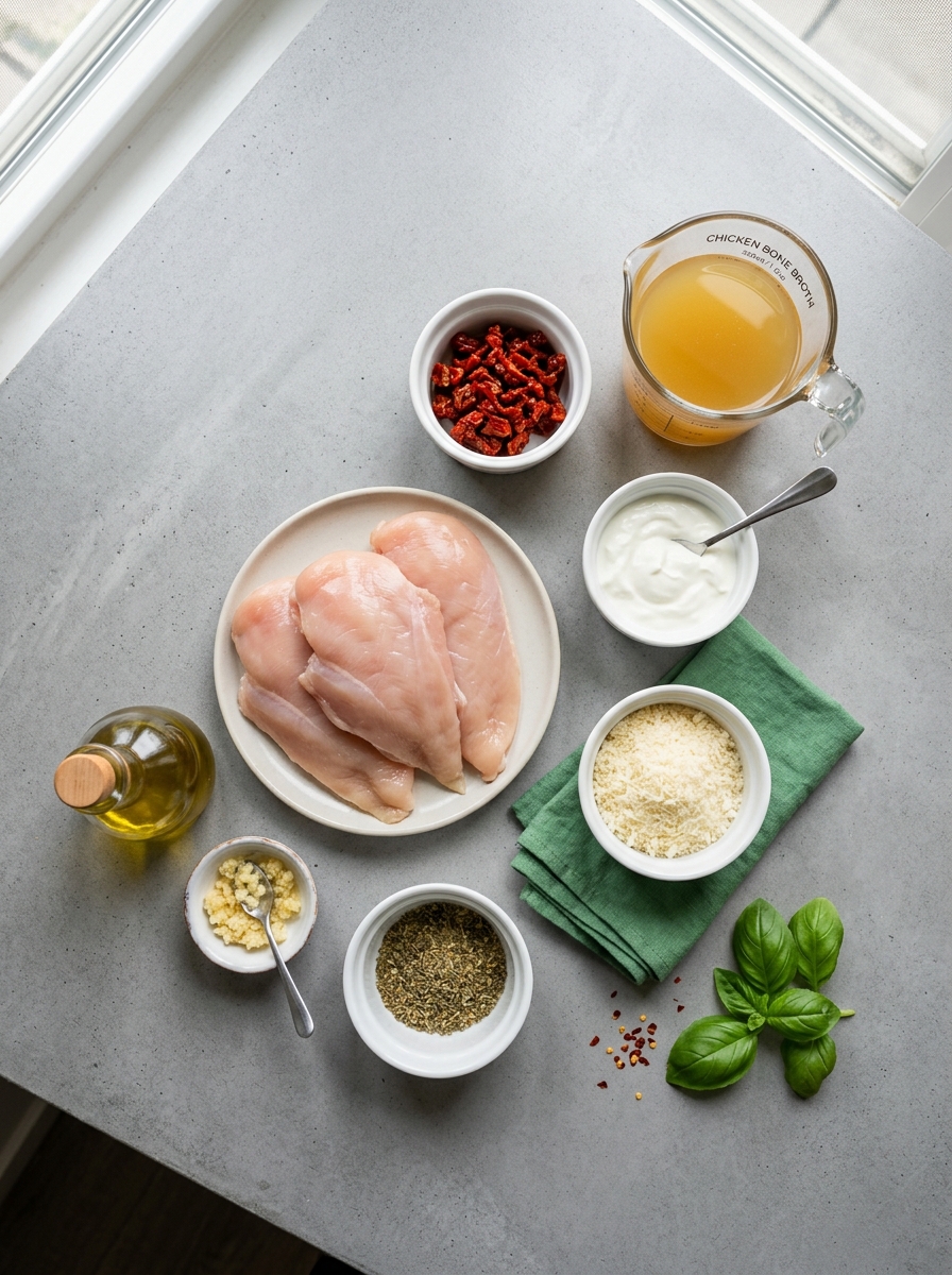 flat lay showing chicken breast cutlets, sun-dried tomatoes, coconut milk, garlic, oregano, and basil
