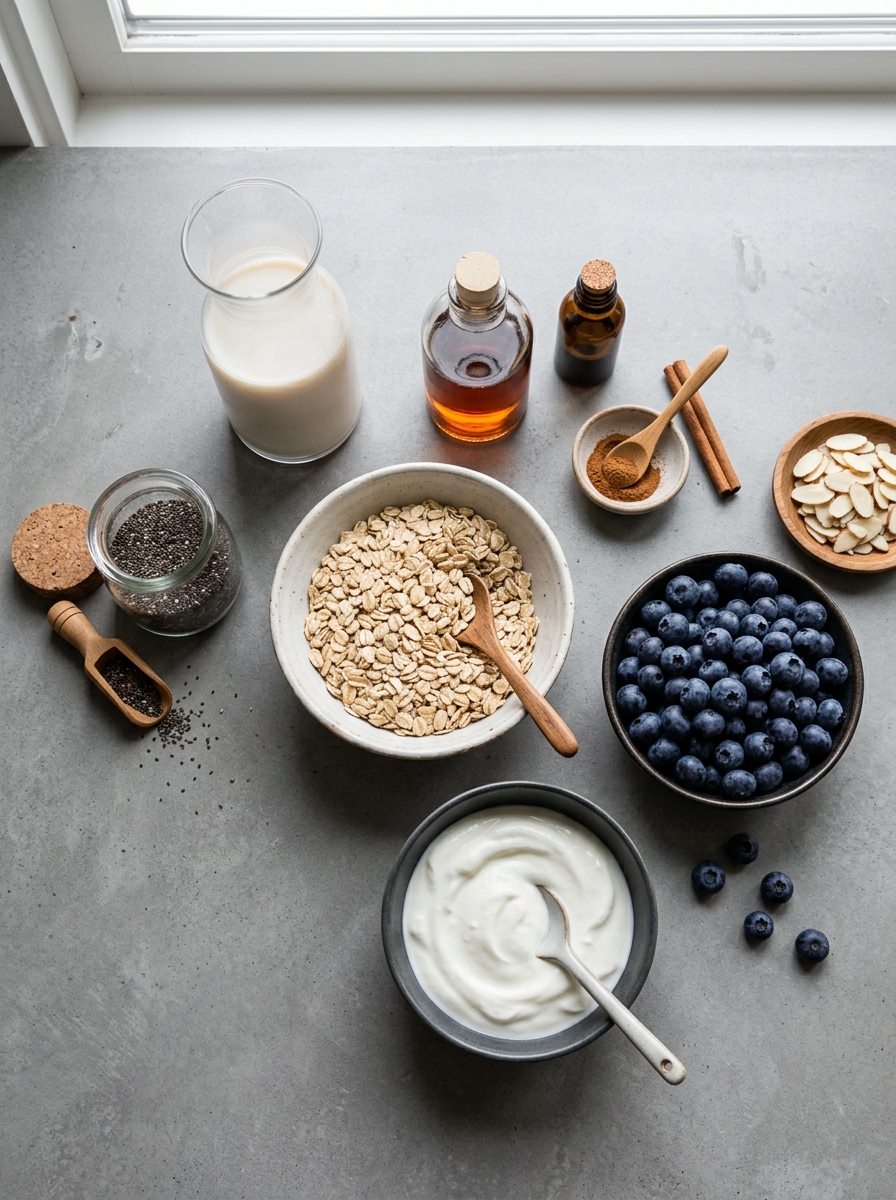 ingredients flat lay for healthy overnight oats showing rolled oats, chia seeds, almond milk, greek yogurt, maple syrup, and blueberries