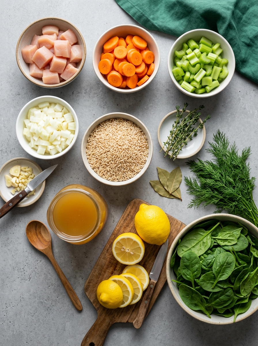 ingredients flat lay for chicken and brown rice soup showing shredded chicken breast, cooked brown rice, carrots, celery, broth, and fresh herbs