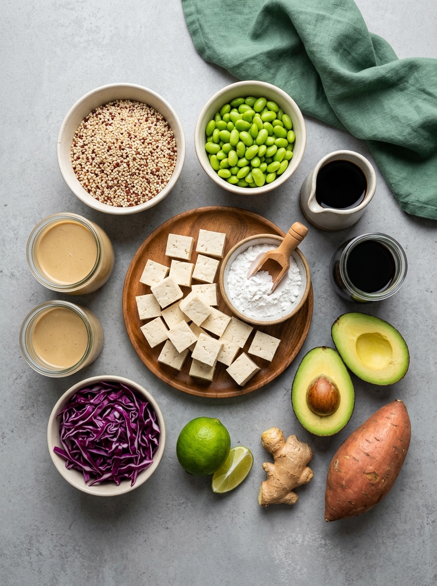 ingredients flat lay for crispy tofu buddha bowl showing firm tofu cubes, cooked quinoa, purple cabbage, edamame, and tahini dressing