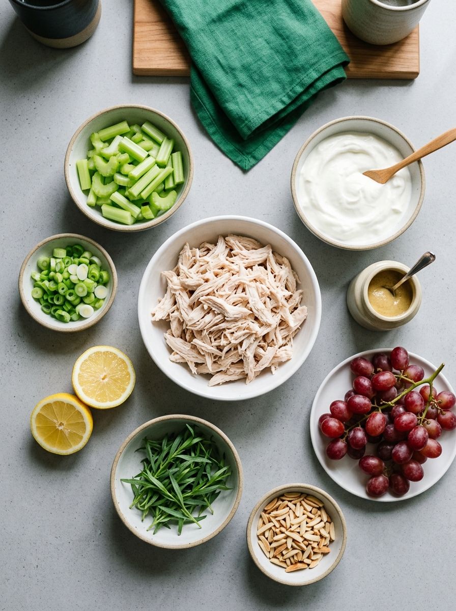 ingredients flat lay for Greek yogurt chicken salad showing cooked chicken breast, nonfat greek yogurt, dijon mustard, celery, and pecans