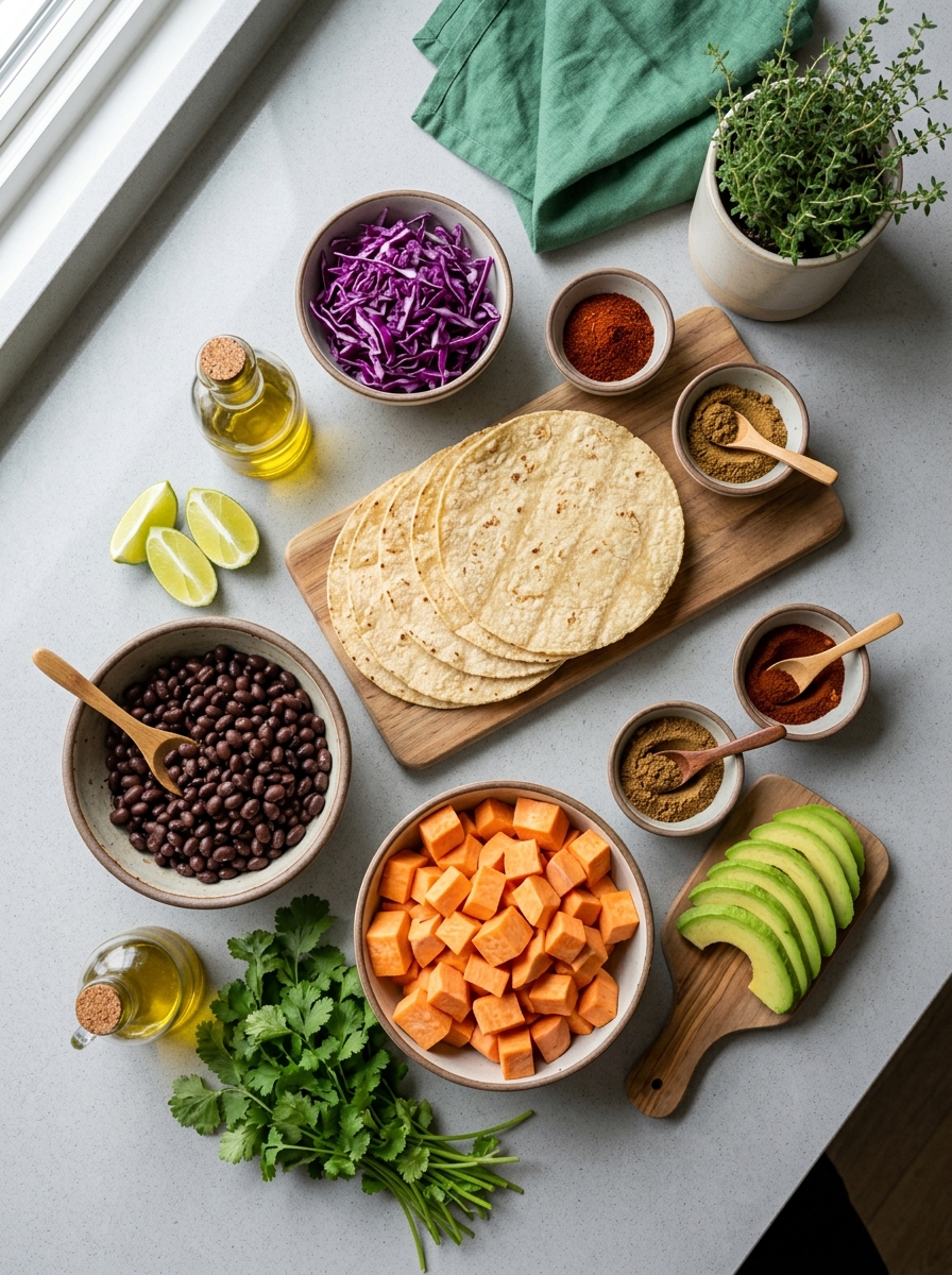 ingredients flat lay for sweet potato black bean tacos showing cubed sweet potatoes, black beans, corn tortillas, limes, cilantro, and spices
