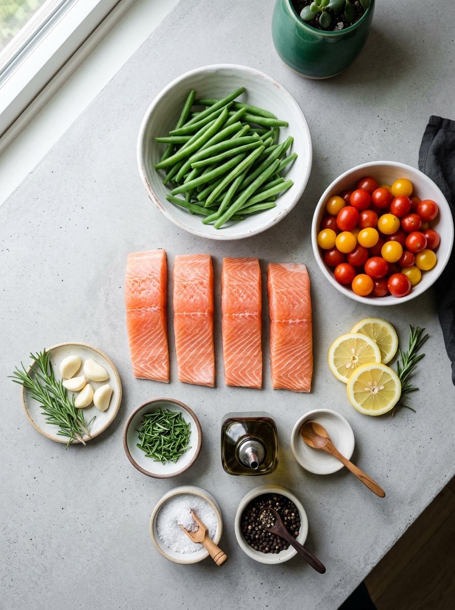 ingredients flat lay for sheet pan lemon herb salmon showing wild salmon fillets, asparagus spears, lemons, olive oil, and fresh herbs