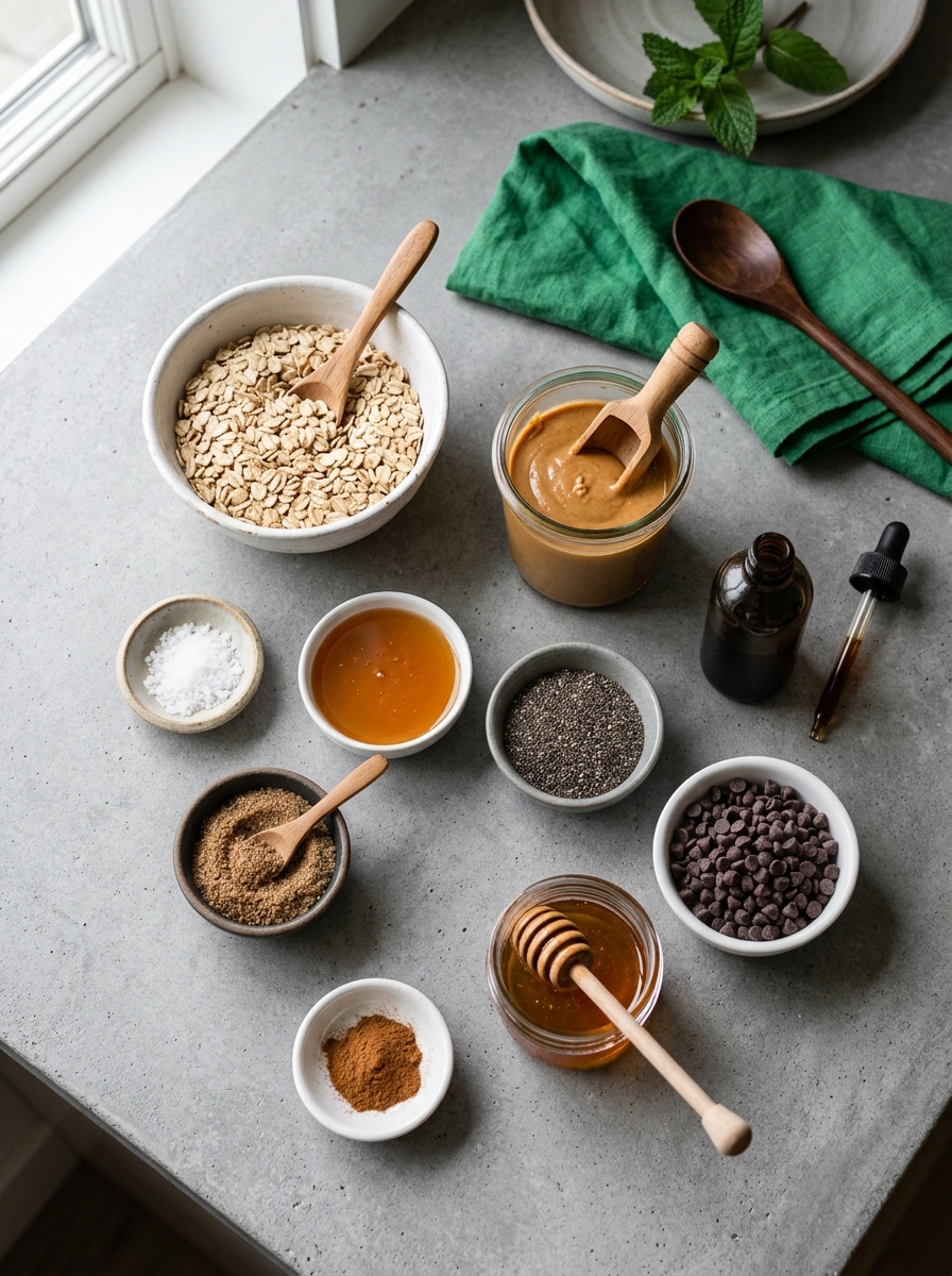ingredients flat lay for peanut butter energy balls showing natural peanut butter, rolled oats, ground flaxseed, chia seeds, and honey
