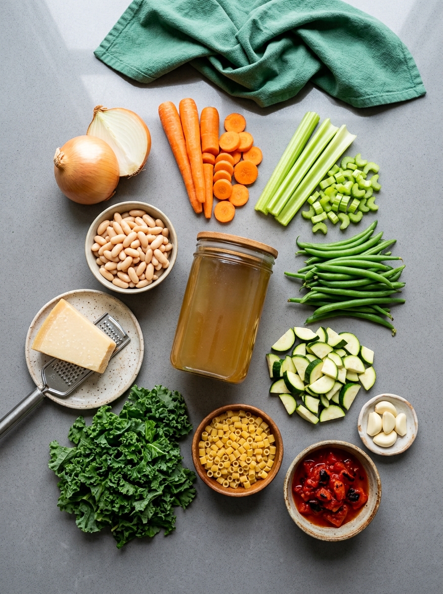ingredients flat lay for Italian minestrone soup showing cannellini beans, diced zucchini, carrots, tomatoes, kale, and oregano