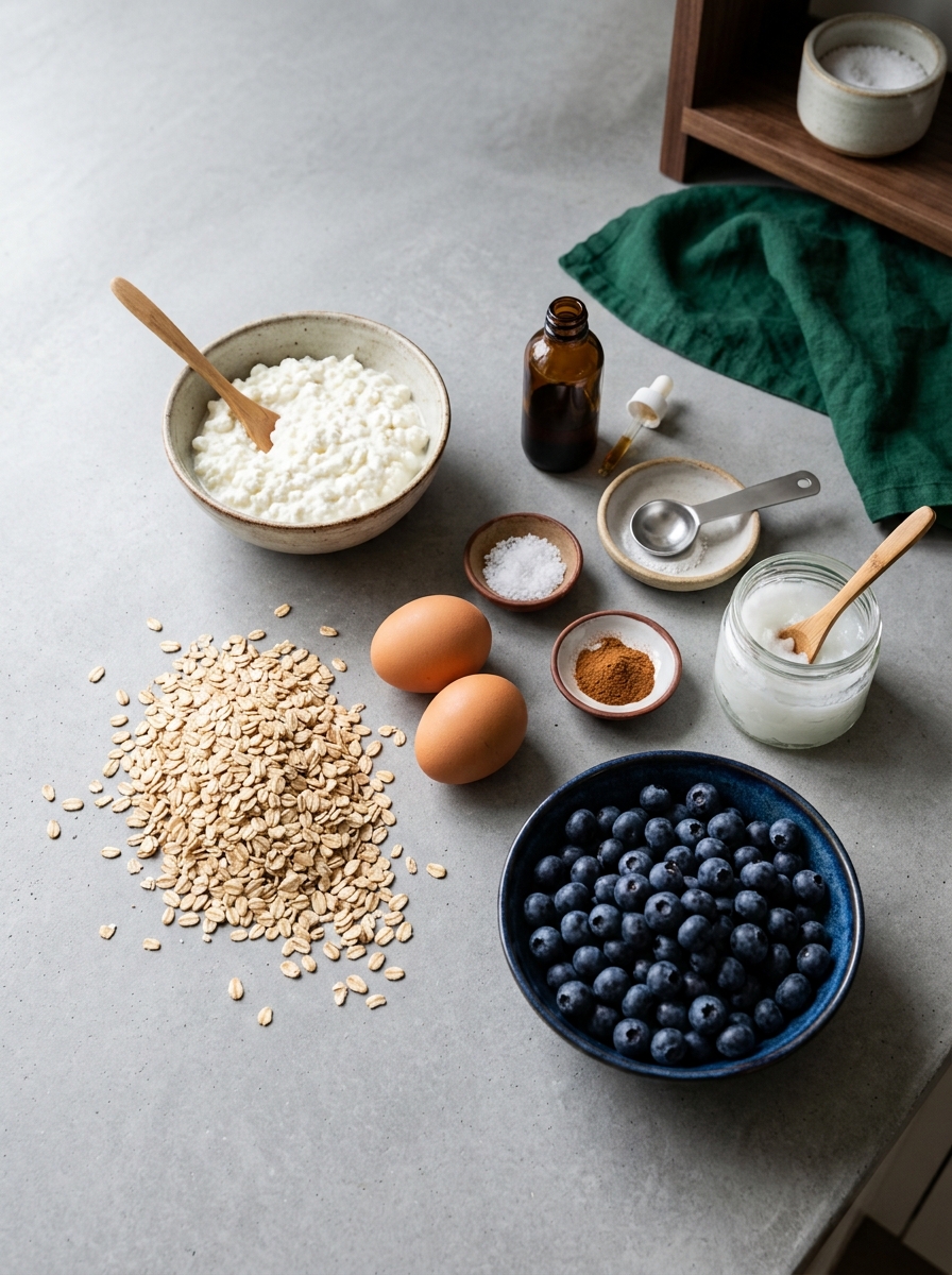 ingredients flat lay for cottage cheese pancakes showing low-fat cottage cheese, rolled oats, eggs, vanilla, and baking powder