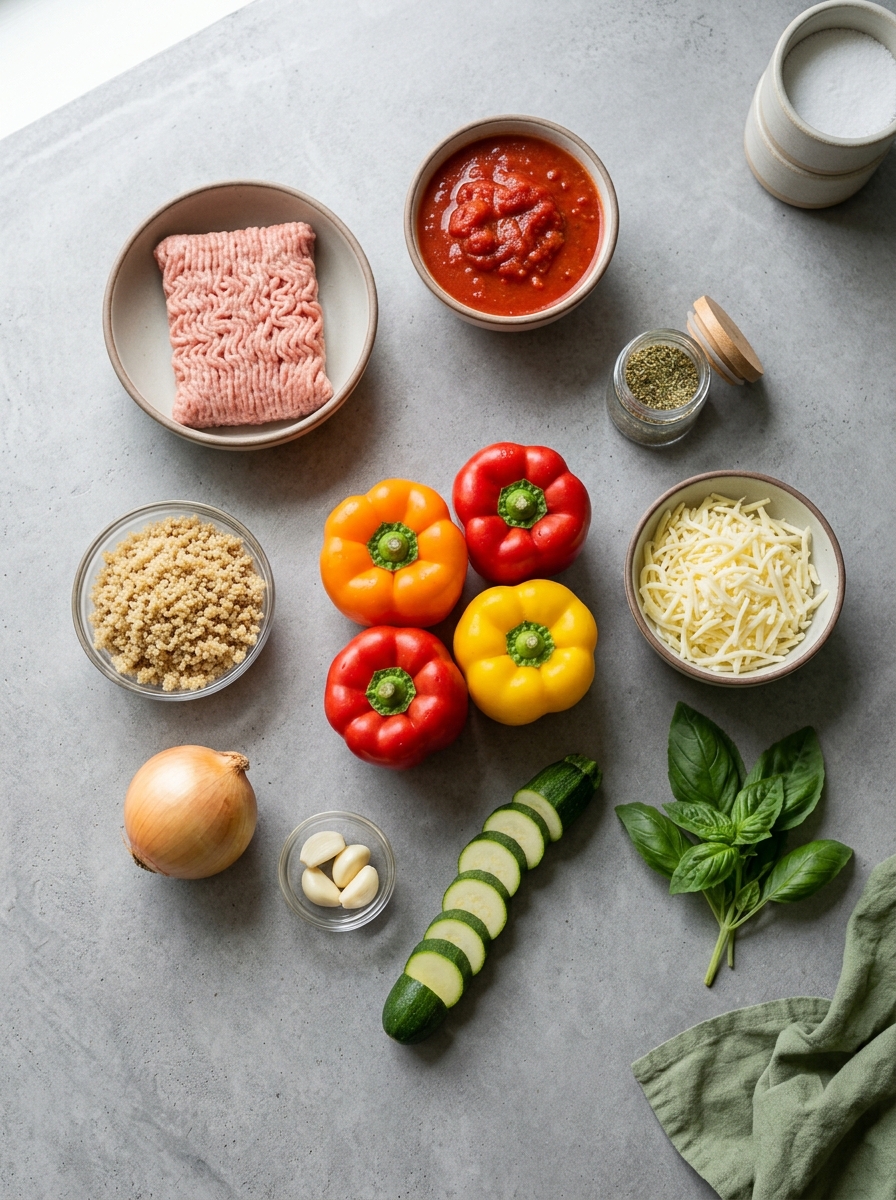ingredients flat lay for turkey quinoa stuffed peppers showing bell peppers, ground turkey, cooked quinoa, diced tomatoes, and spices