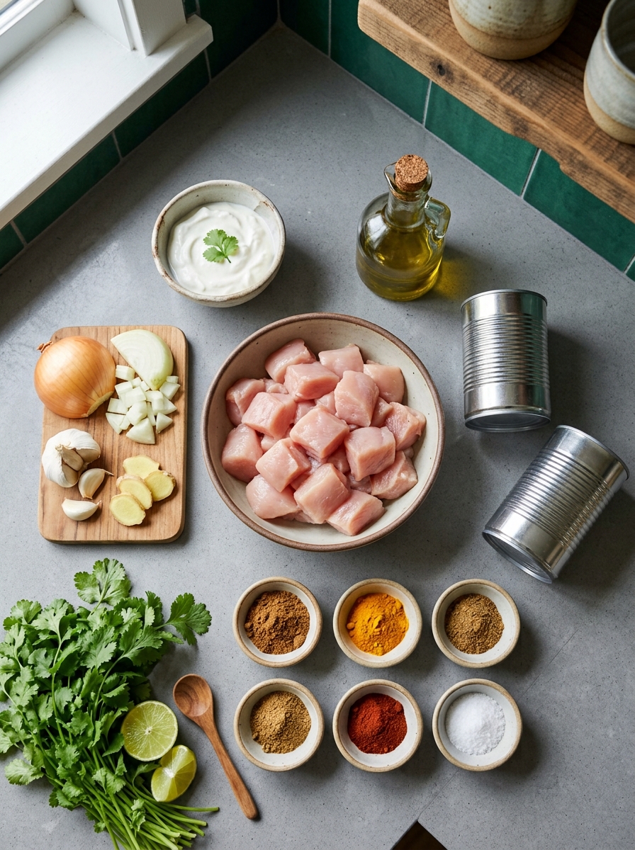 ingredients flat lay for chicken tikka masala showing chicken breast, plain Greek yogurt, crushed tomatoes, garlic, ginger, and garam masala