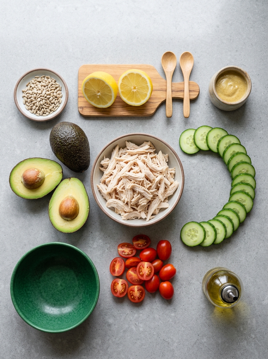 ingredients flat lay for chicken avocado salad showing grilled chicken strips, ripe avocados, cherry tomatoes, cucumbers, and olive oil