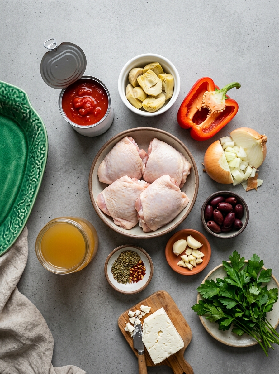 ingredients flat lay for Mediterranean chicken casserole showing chicken thighs, kalamata olives, artichoke hearts, garlic, and herbs