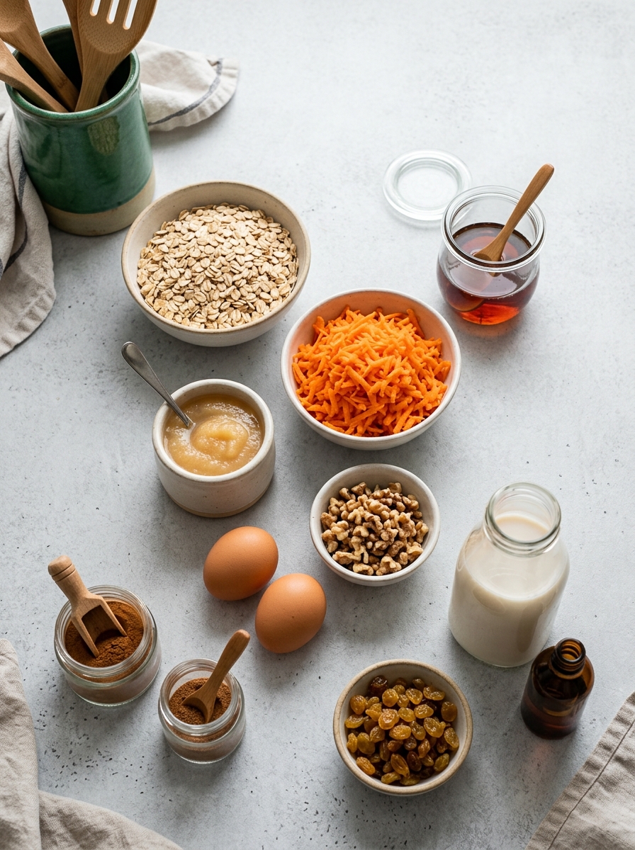 ingredients flat lay for carrot cake oatmeal bars showing rolled oats, grated carrots, walnuts, raisins, cinnamon, and maple syrup