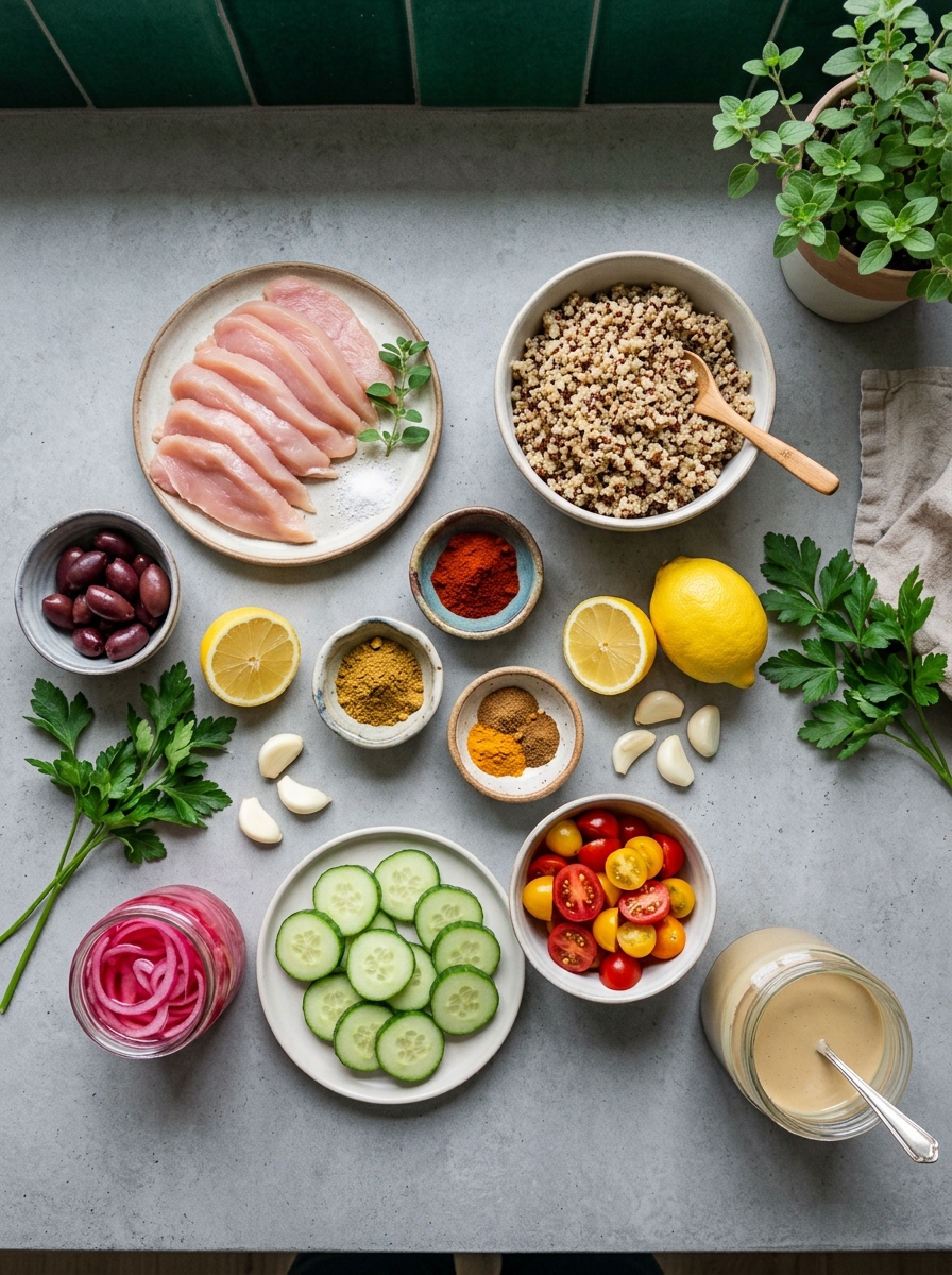 ingredients flat lay for chicken shawarma bowl showing marinated chicken breast, quinoa, cucumbers, cherry tomatoes, and tahini