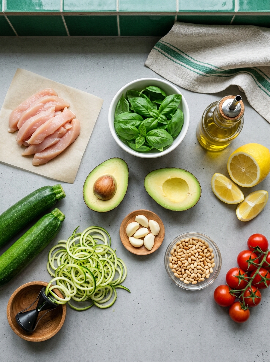 ingredients flat lay for avocado pesto zoodles showing fresh zucchini, ripe avocado, fresh basil, garlic, pine nuts, and grilled chicken