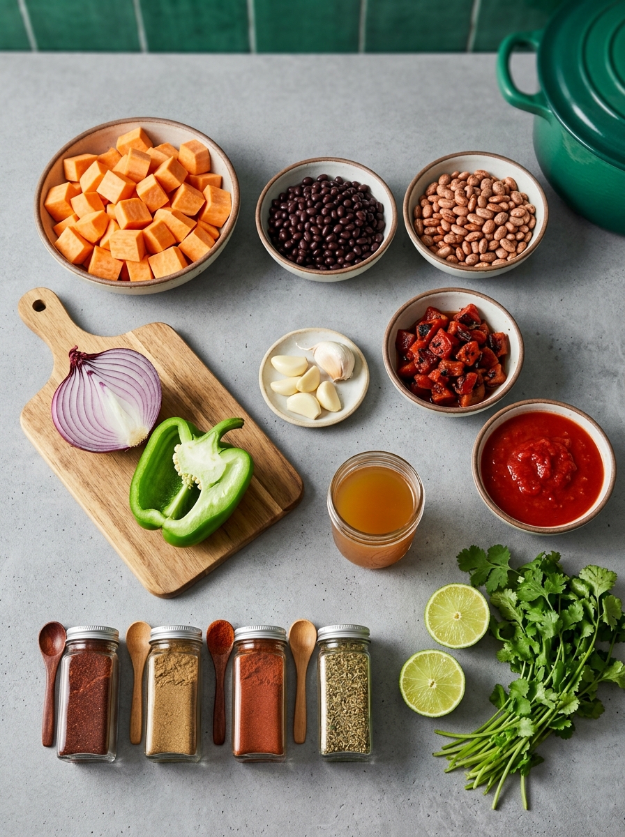 ingredients flat lay for sweet potato chili showing diced sweet potatoes, black beans, pinto beans, bell peppers, chipotle, and spices