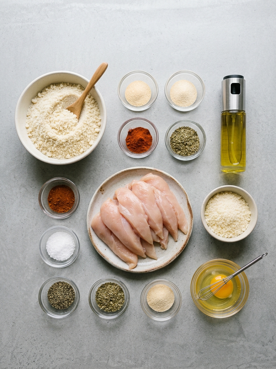 ingredients flat lay for parmesan chicken tenders showing chicken breast tenders, grated parmesan, almond flour, egg, and Italian herbs
