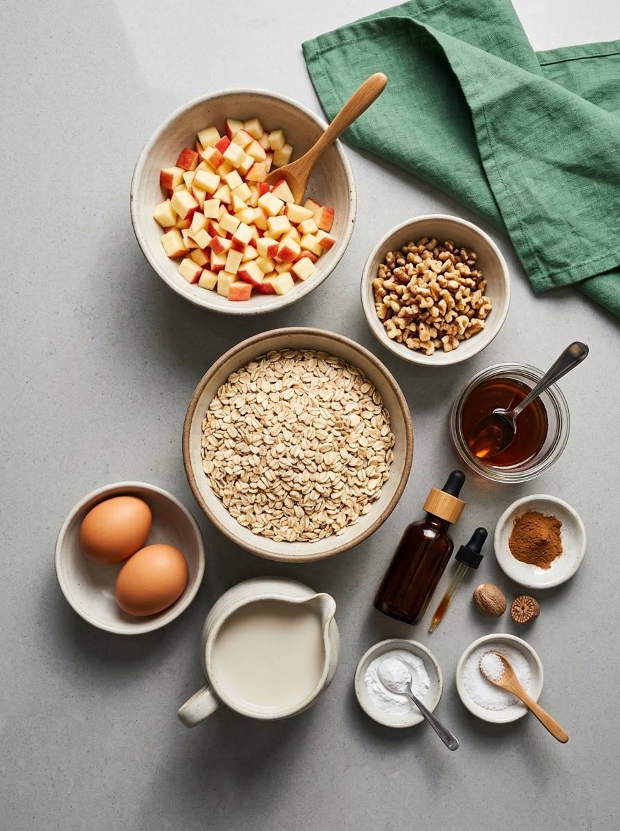 ingredients flat lay for baked apple oatmeal showing rolled oats, diced red apples, chopped walnuts, cinnamon, almond milk, and maple syrup