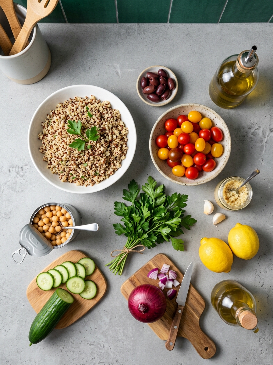 ingredients flat lay for Mediterranean quinoa salad showing cooked quinoa, chickpeas, cherry tomatoes, cucumbers, kalamata olives, and feta