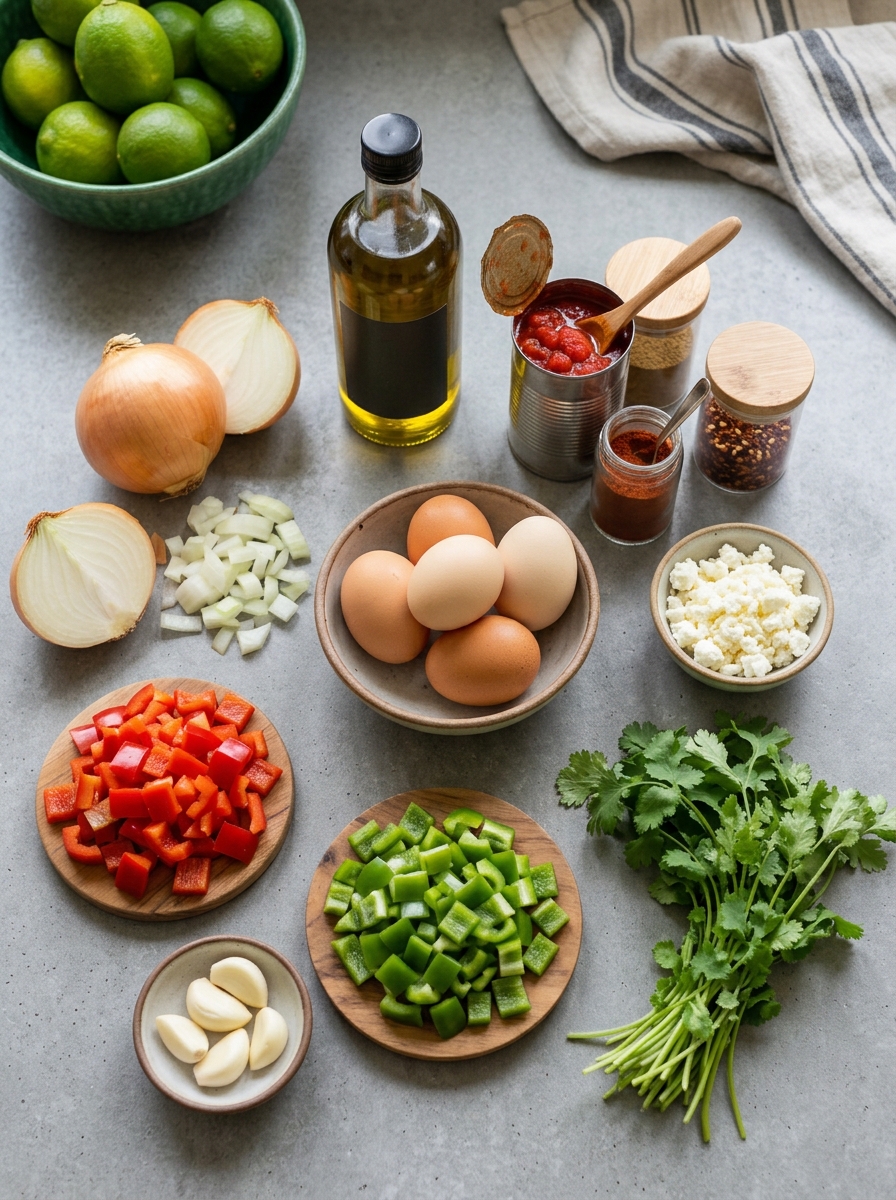 ingredients flat lay for healthy shakshuka showing fresh eggs, crushed tomatoes, bell peppers, yellow onion, garlic, cumin, and paprika