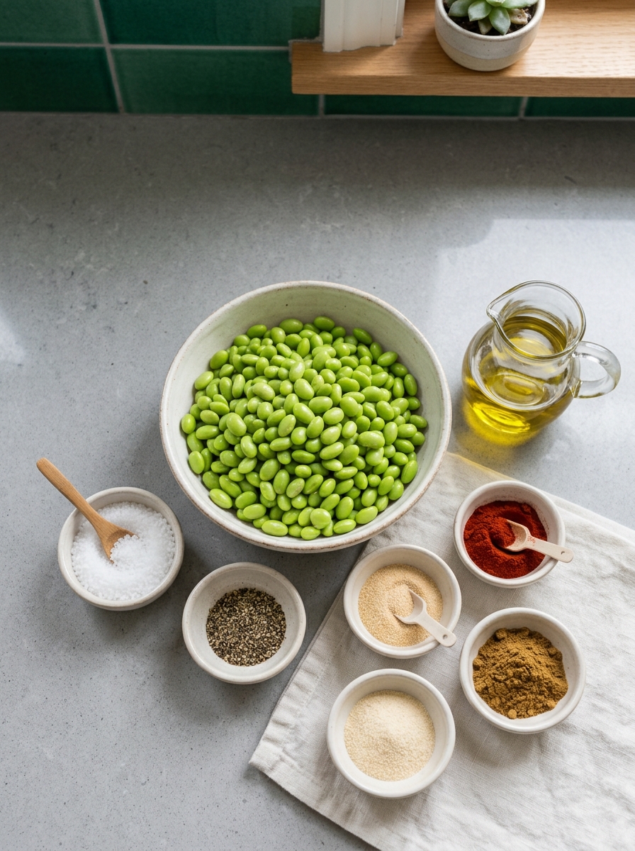 ingredients flat lay for roasted edamame showing shelled edamame, extra virgin olive oil, sea salt, garlic powder, and smoked paprika