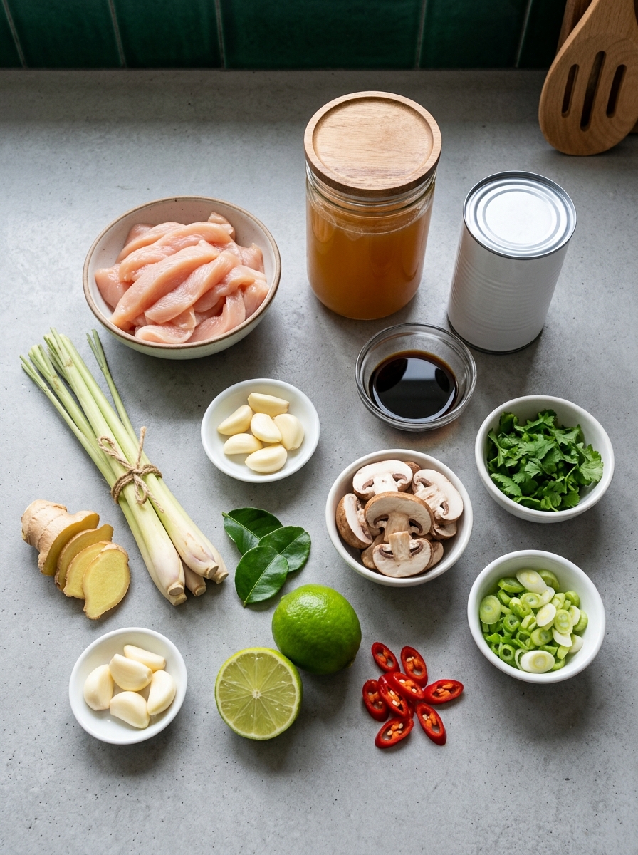 ingredients flat lay for coconut ginger chicken soup showing chicken breast slices, coconut milk, chicken broth, sliced mushrooms, ginger root, and lime