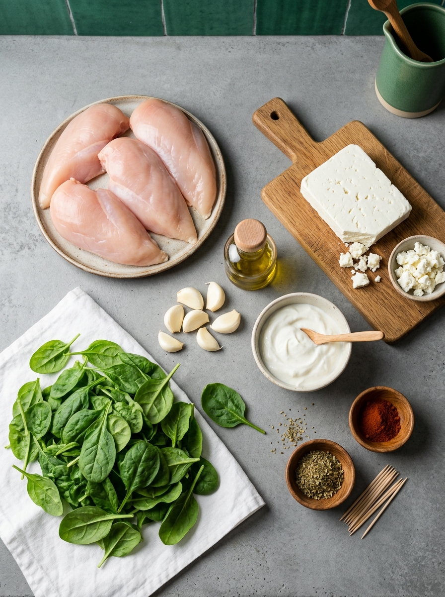 ingredients flat lay for stuffed chicken breast showing boneless chicken breasts, fresh baby spinach, feta cheese, garlic, and olive oil