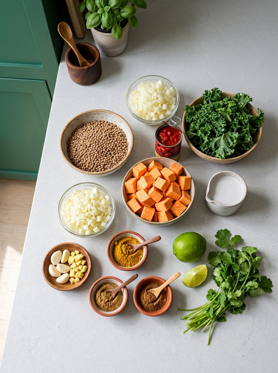 ingredients flat lay for lentil sweet potato curry showing red lentils, cubed sweet potatoes, coconut milk, crushed tomatoes, spinach, and curry spices