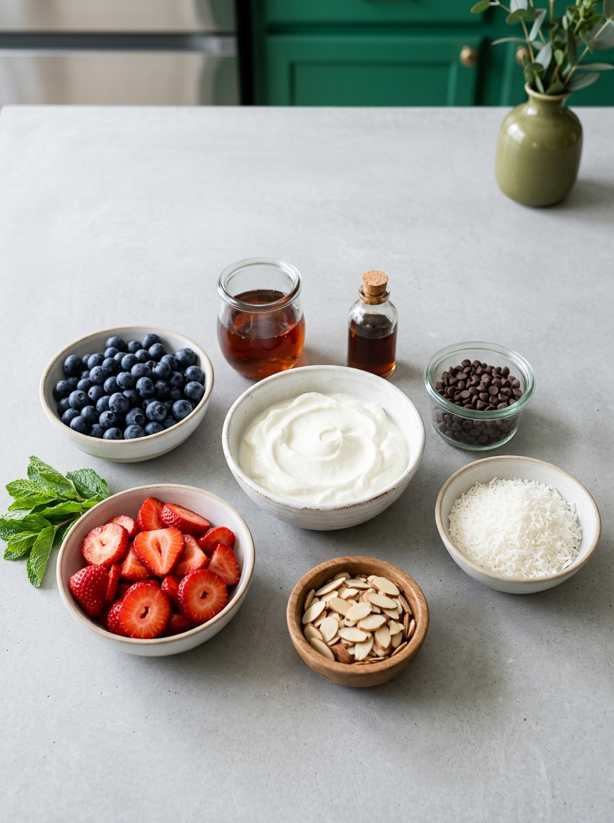 ingredients flat lay for yogurt berry bark showing whole milk Greek yogurt, honey, fresh strawberries, blueberries, and chopped nuts