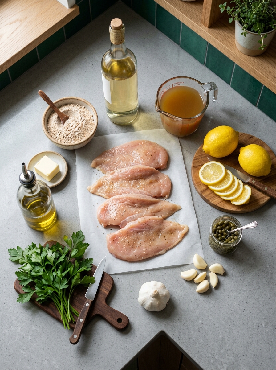ingredients flat lay for chicken piccata showing thin chicken cutlets, fresh lemons, brined capers, chicken broth, garlic, and fresh parsley
