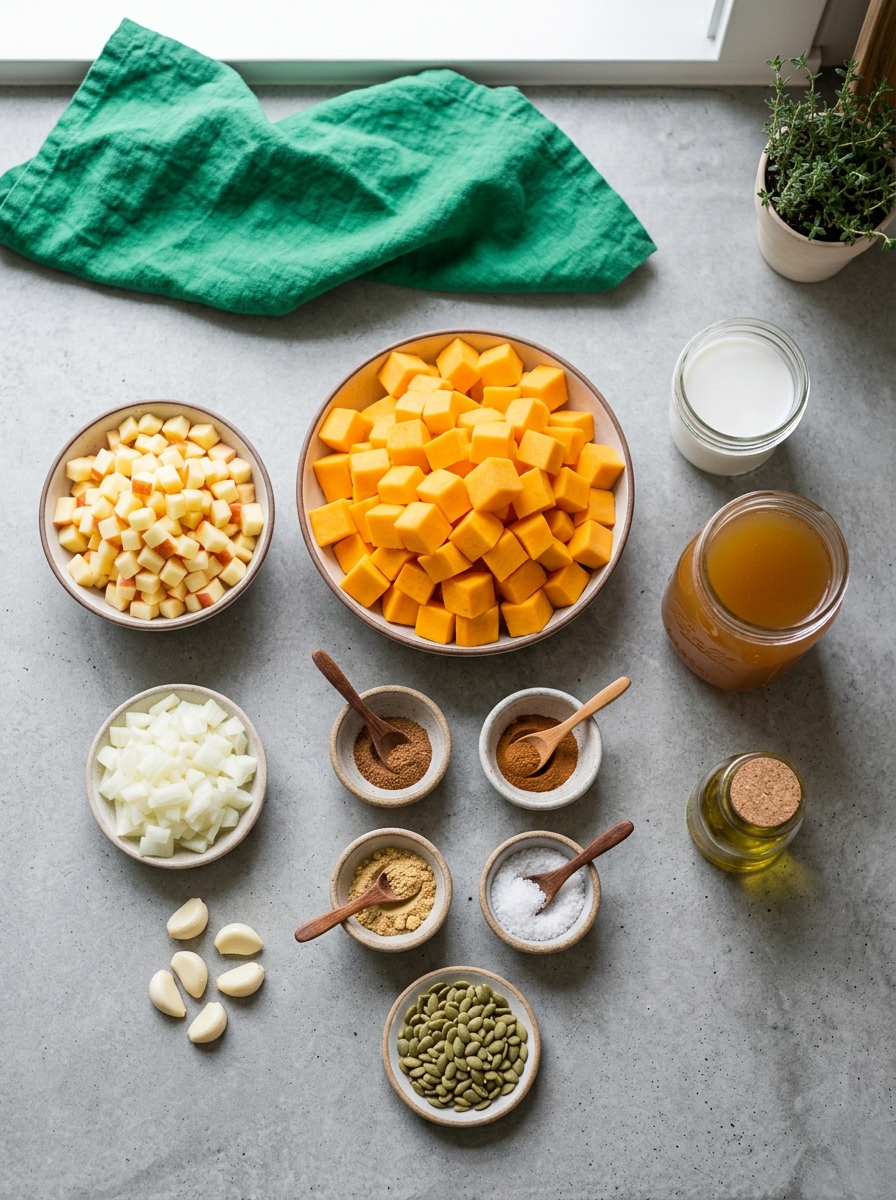 ingredients flat lay for butternut squash soup showing roasted butternut squash, sweet apples, yellow onion, garlic, vegetable broth, and nutmeg