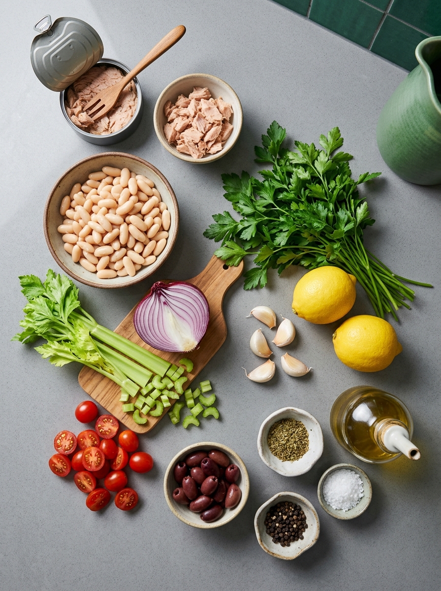 ingredients flat lay for tuna white bean salad showing wild albacore tuna, cannellini beans, red onion, fresh parsley, extra virgin olive oil, and lemon