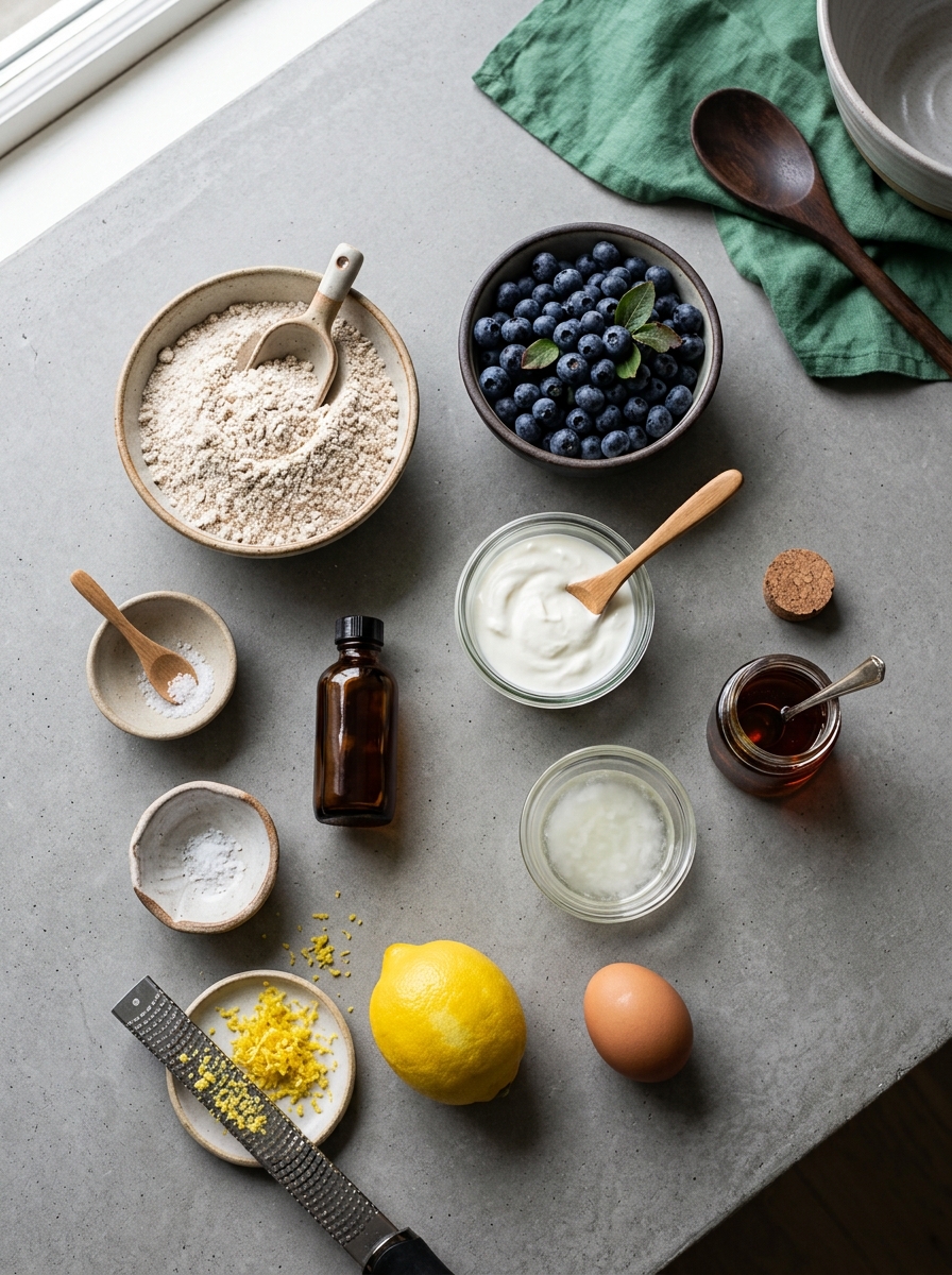 ingredients flat lay for oat flour scones showing whole oat flour, fresh blueberries, lemon zest, Greek yogurt, and honey