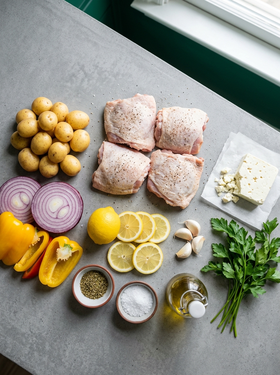 ingredients flat lay for Greek lemon chicken showing chicken thighs, baby potatoes, fresh lemons, extra virgin olive oil, garlic, and oregano