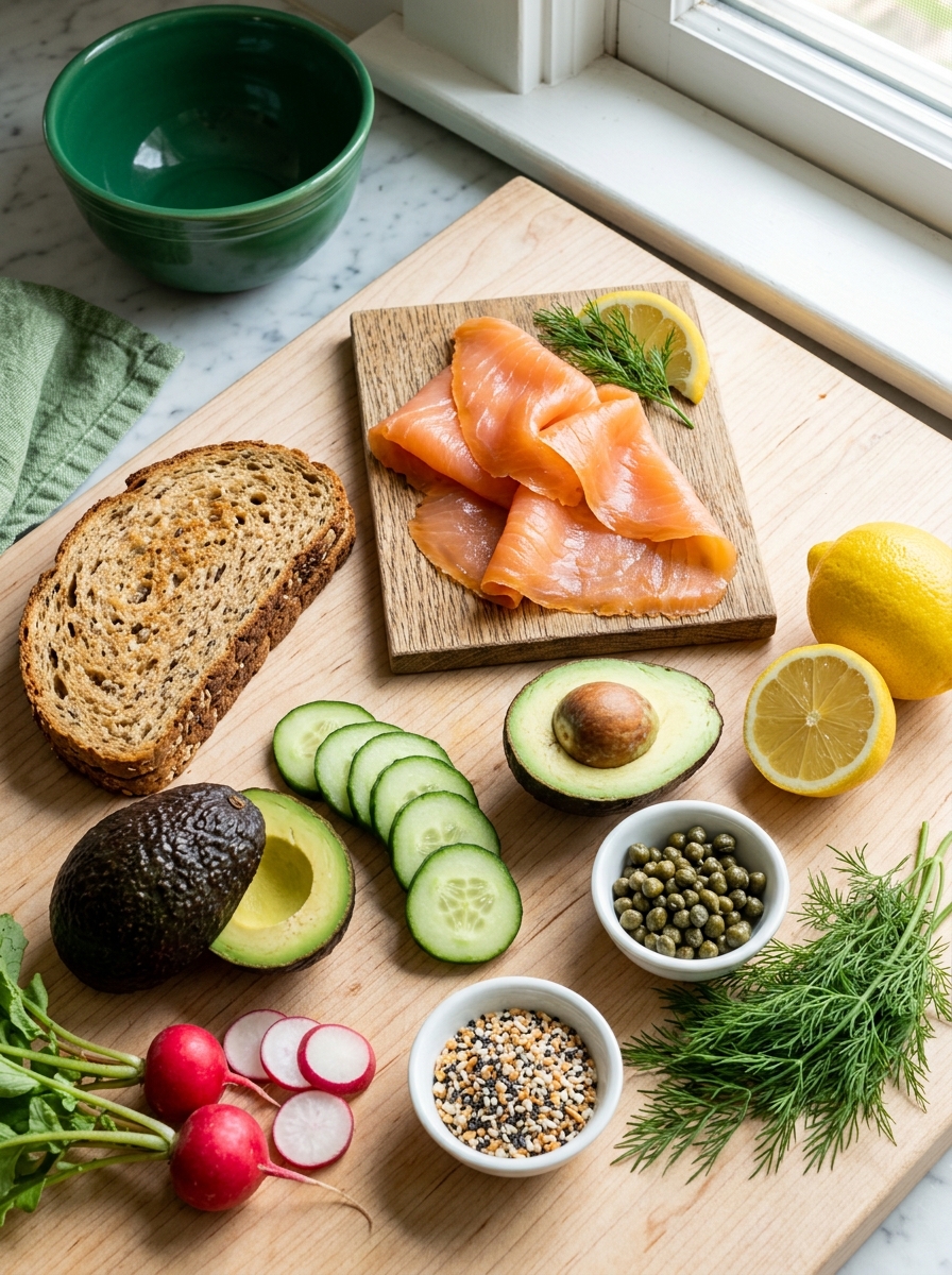 ingredients flat lay for smoked salmon toast showing cold-smoked wild salmon, ripe avocado, dark rye bread slices, capers, red onion, and dill