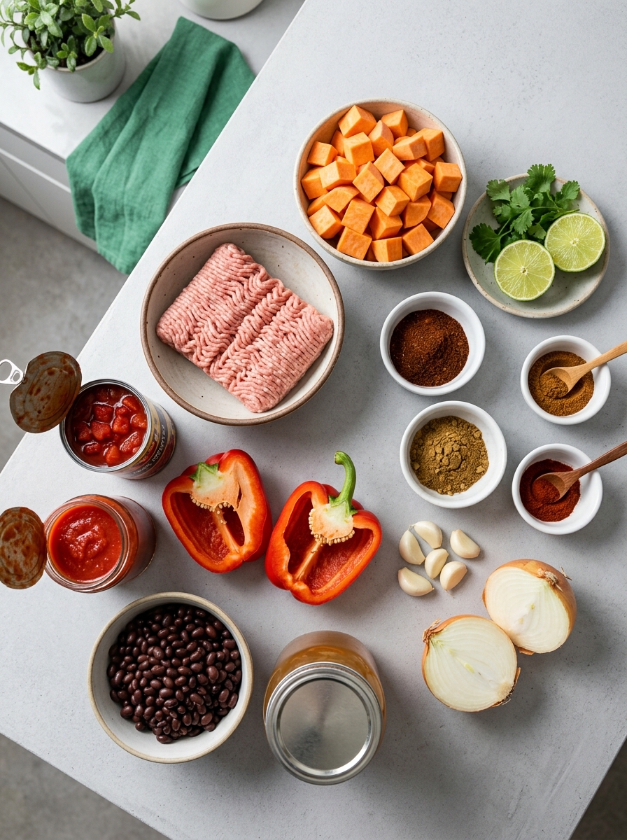 ingredients flat lay for turkey sweet potato chili showing lean ground turkey, diced sweet potatoes, kidney beans, crushed tomatoes, and spices