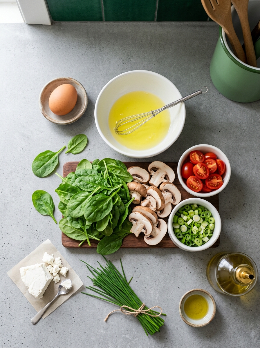 ingredients flat lay for egg white scramble showing liquid egg whites, baby spinach, diced bell peppers, cherry tomatoes, and olive oil