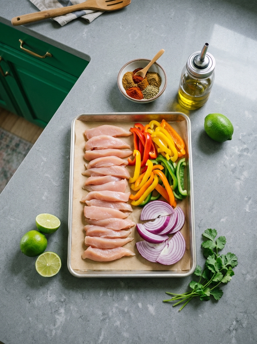 ingredients flat lay for chicken fajitas showing chicken breast strips, tricolor bell peppers, red onion, lime, and fajita seasoning