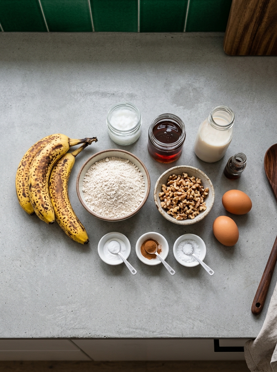 ingredients flat lay for walnut banana bread showing ripe bananas, whole wheat flour, rolled oats, raw walnuts, eggs, and cinnamon