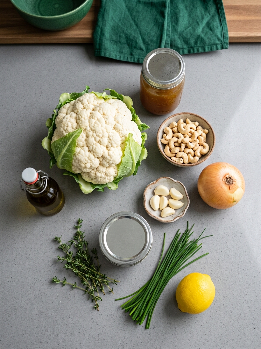 ingredients flat lay for cauliflower soup showing roasted cauliflower head, raw cashews, garlic cloves, vegetable broth, and nutritional yeast