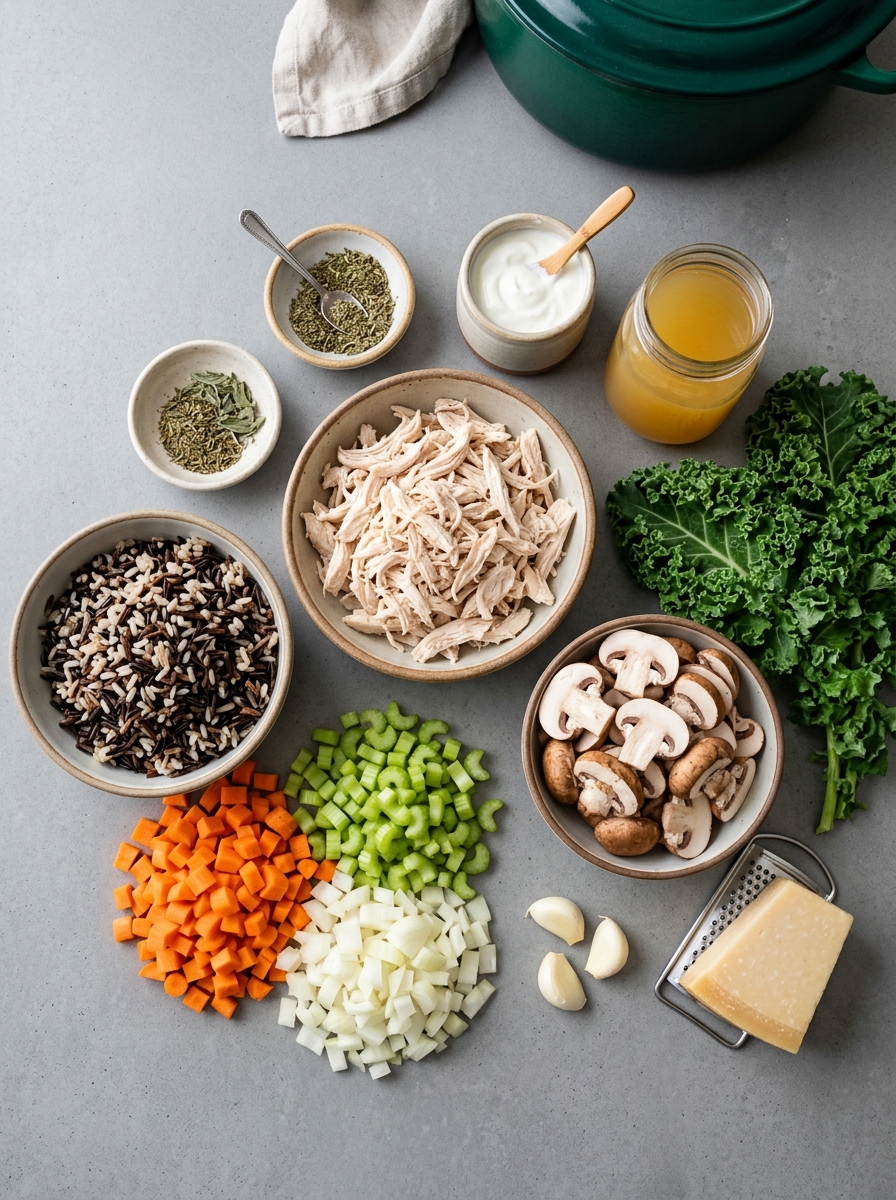 ingredients flat lay for chicken wild rice casserole showing cooked wild rice, shredded chicken breast, mushrooms, celery, and light broth