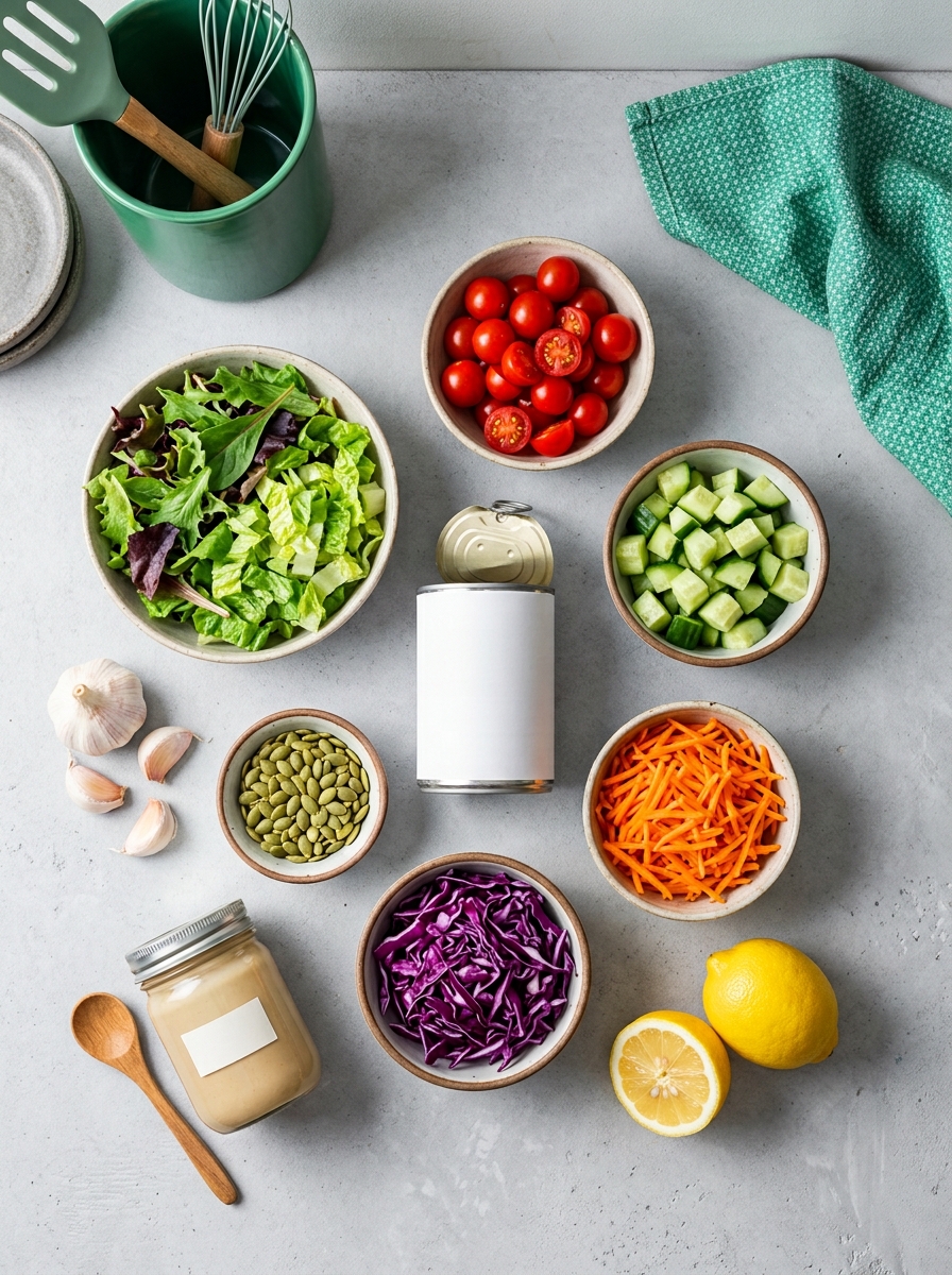ingredients flat lay for rainbow salad jar showing chickpeas, shredded carrots, purple cabbage, cherry tomatoes, cucumbers, and vinaigrette - lunch ideas