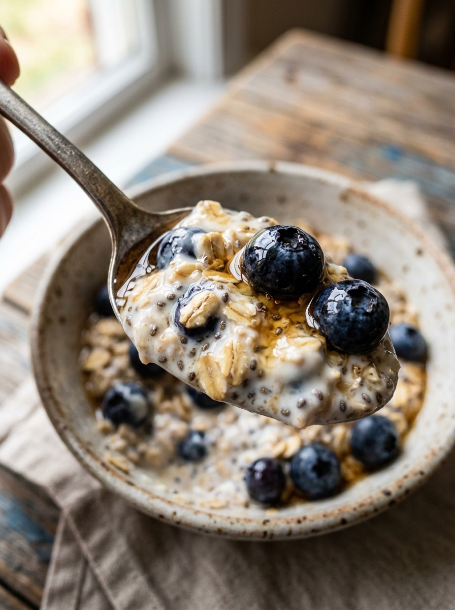 spoon lifting a creamy portion of healthy blueberry chia overnight oats garnished with sliced almonds