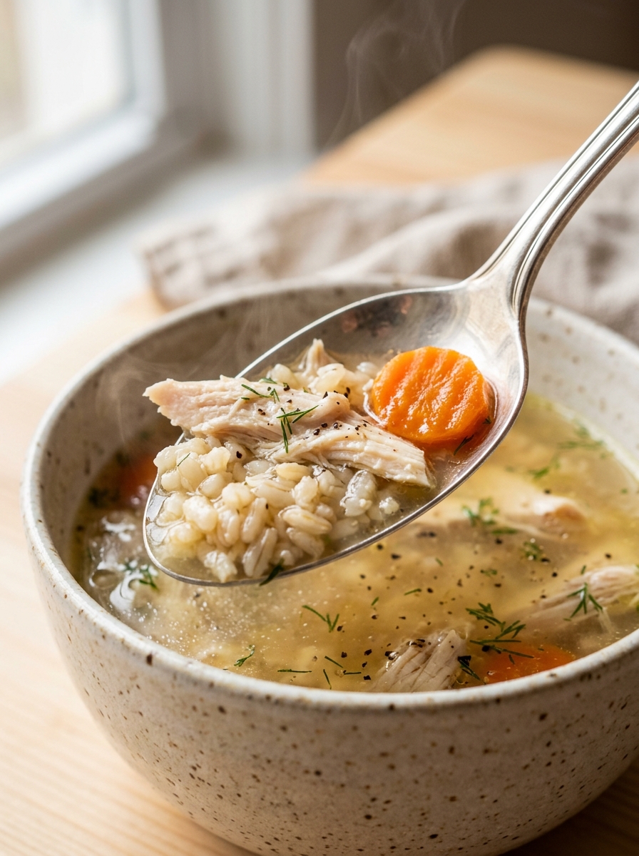 spoon lifting a hearty comforting spoonful of warm shredded chicken and brown rice soup