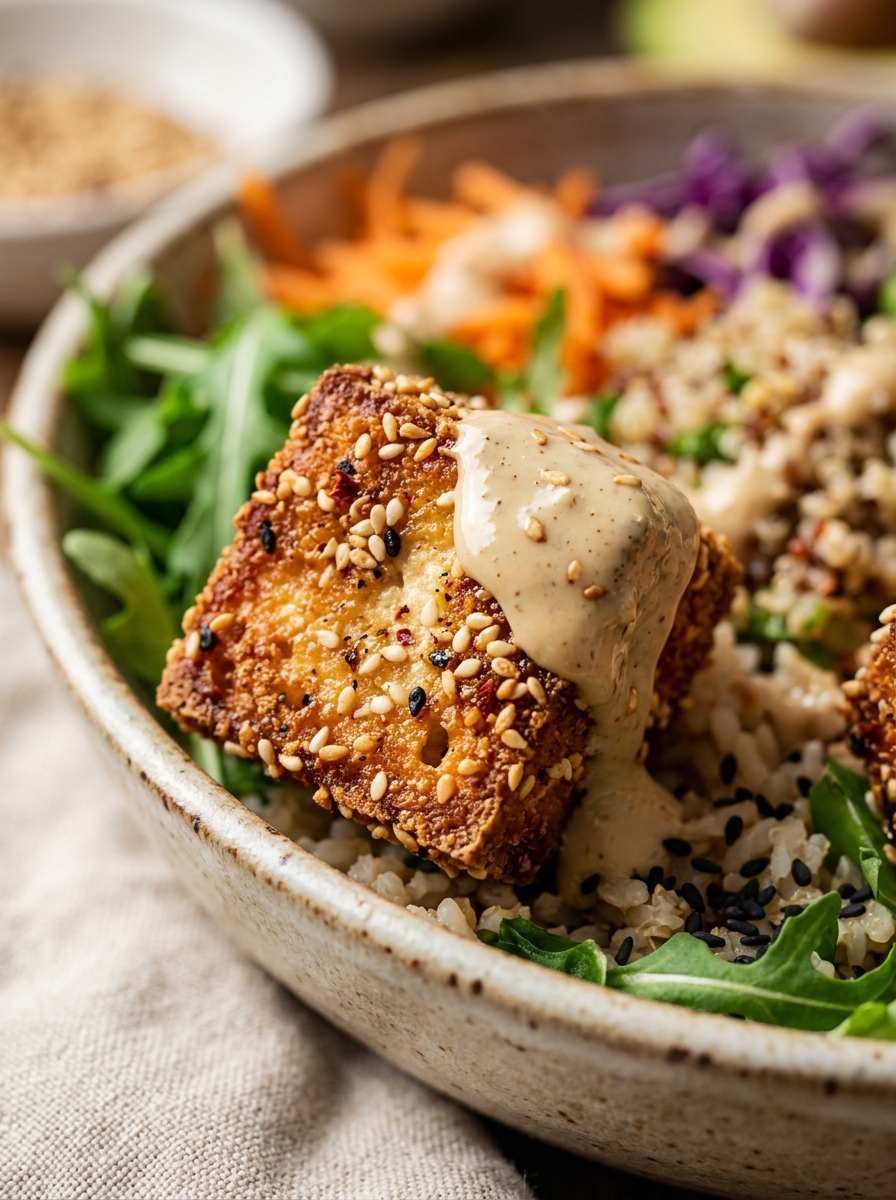 plated serving of golden baked crispy tofu drizzled with creamy tahini dressing