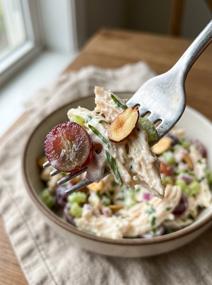 forkful of creamy Greek yogurt chicken salad garnished with fresh chopped dill