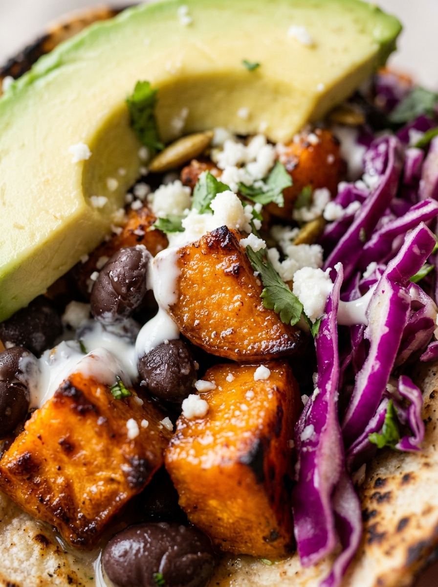 plated serving of spiced sweet potato and black bean tacos garnished with fresh cilantro and lime wedges