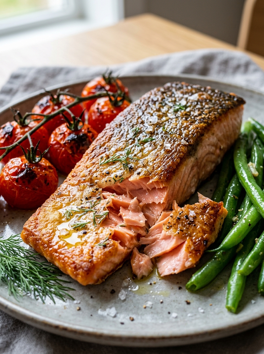 flaky baked lemon herb salmon fillet served with tender roasted asparagus and blistered tomatoes